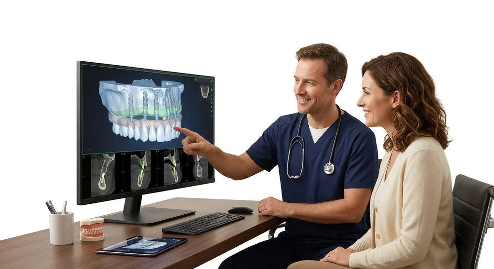 醫師與患者透過 CBCT 和數位規劃討論全口植牙配置示意