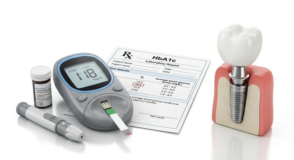 血糖機與 HbA1c 報告與植牙模型